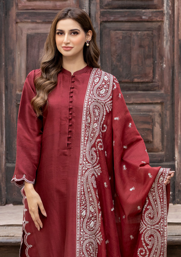 Red Embroidered Raw Silk (Only Shirt)