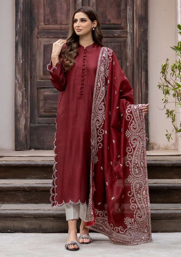 Red Embroidered Raw Silk (Only Shirt)