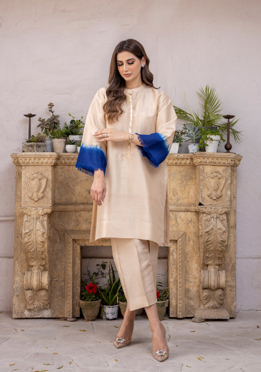 Beige & Blue Raw Silk