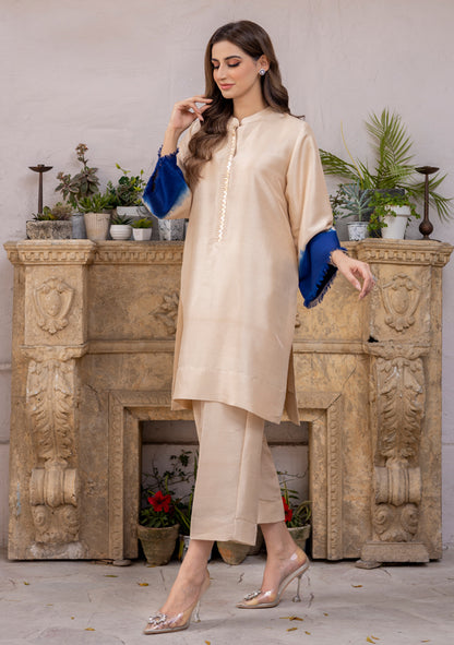 Beige & Blue Raw Silk