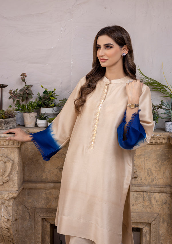 Beige & Blue Raw Silk