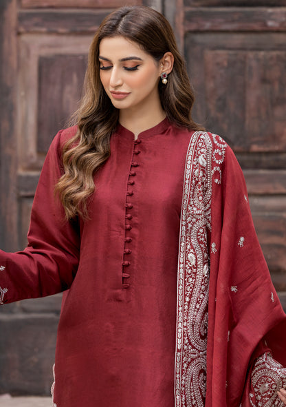 Red Embroidered Raw Silk (Only Shirt)