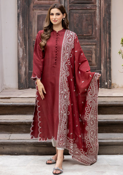 Red Embroidered Raw Silk (Only Shirt)