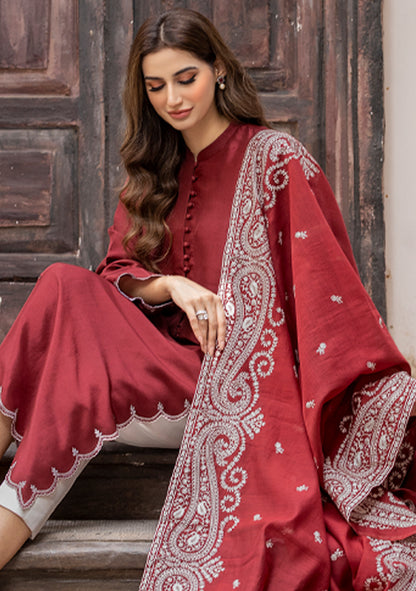 Red Embroidered Raw Silk (Only Shirt)