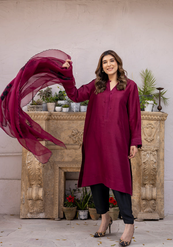 Burgundy Pleated Raw Silk