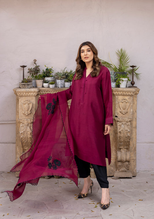 Burgundy Pleated Raw Silk